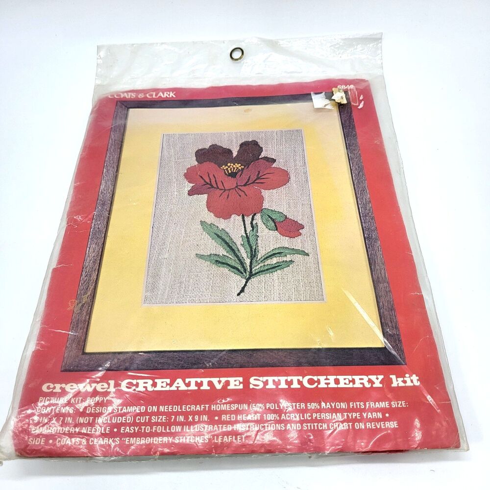 Vintage Coats & Clark Crewel Creative Stitchery Picture Kit 5842 Poppy